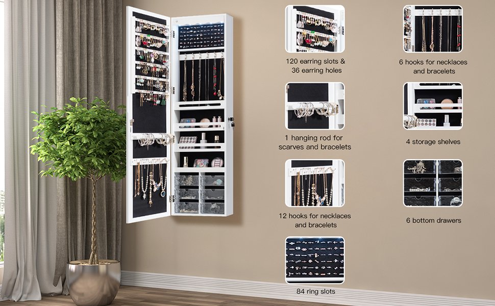 Honhorrs Hanging Mirror Jewelry Cabinet, Five Interior LED Lights and Lockable Door or Wall Storage detail