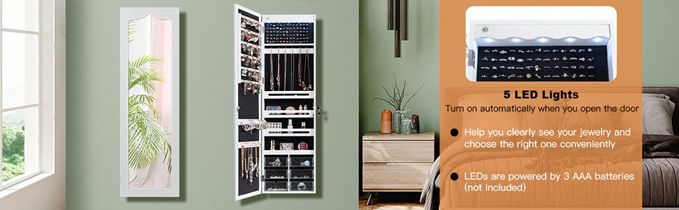 Honhorrs Hanging Mirror Jewelry Cabinet, Five Interior LED Lights and Lockable Door or Wall Storage detail