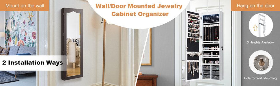 Honhorrs Hanging Mirror Jewelry Cabinet, Five Interior LED Lights and Lockable Door or Wall Storage detail