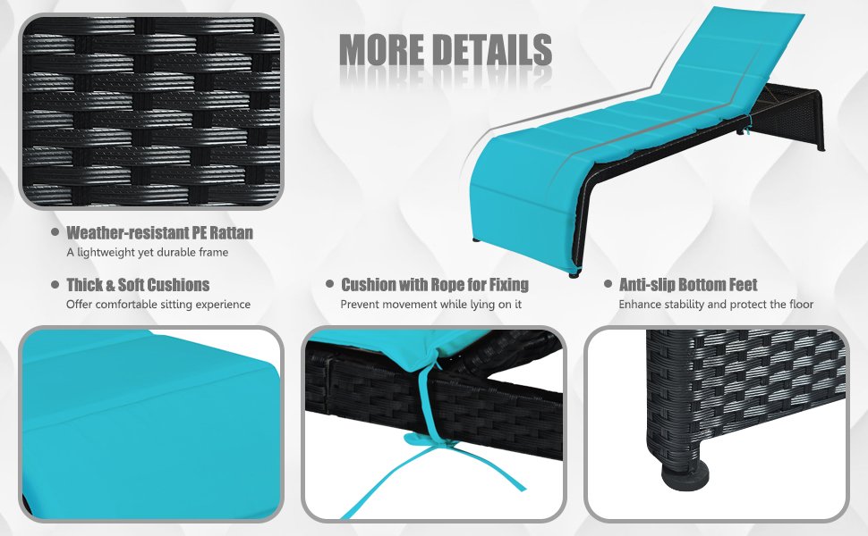 Honhorrs Cushioned Rattan Patio Chaise with Five Backrest Positions, Steel Frame and Adjustable Feet detail