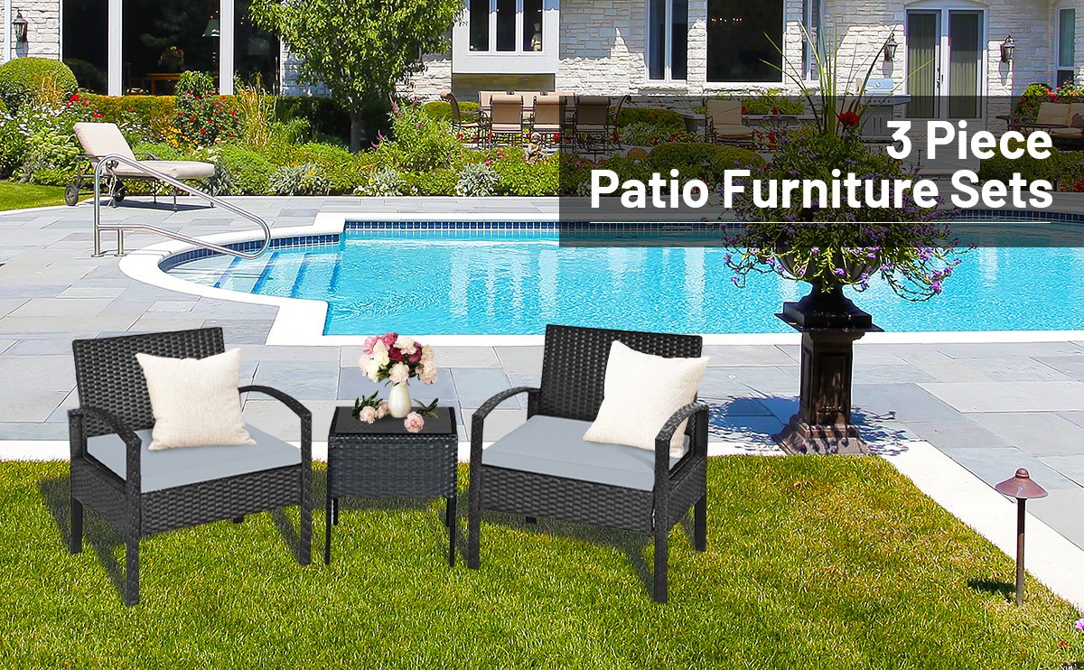 Honhorrs Cushioned Three-Piece Patio Conversation Set, Woven Rattan Seating and Tempered-Glass Table detail