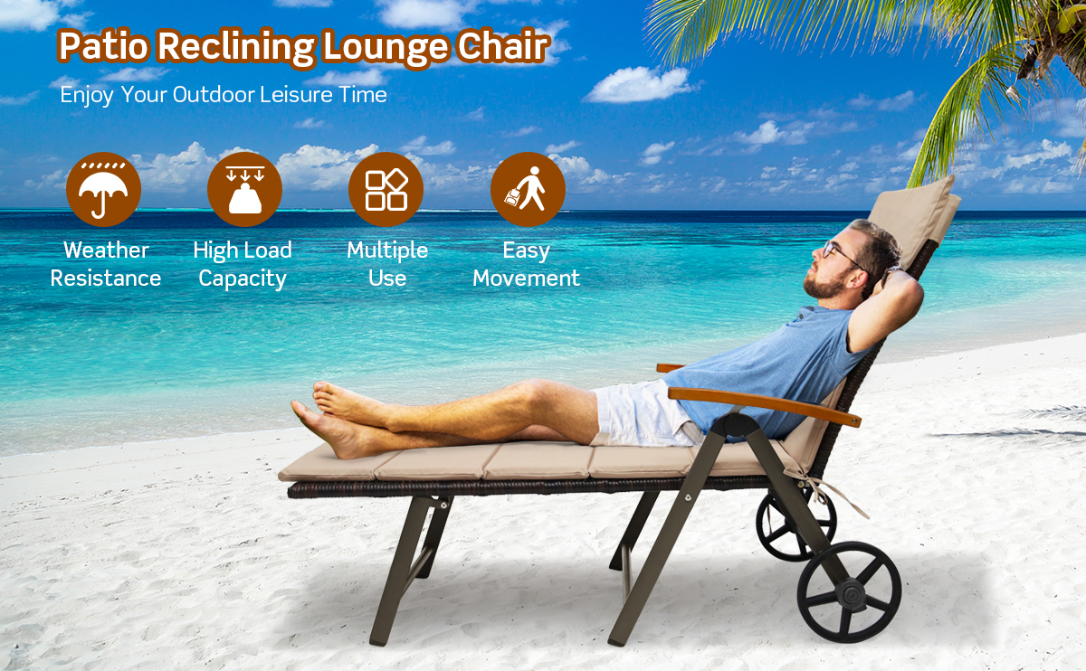 Honhorrs Aluminum Folding Patio Chaise, Seven Recline Settings with Rattan, Cushion and Two Wheels detail