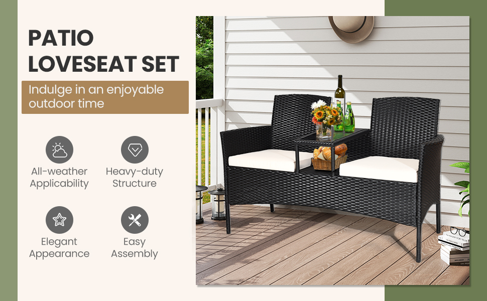 Honhorrs Wicker Patio Conversation Furniture with Curved Backs, Zippered Cushions and Glass Table detail