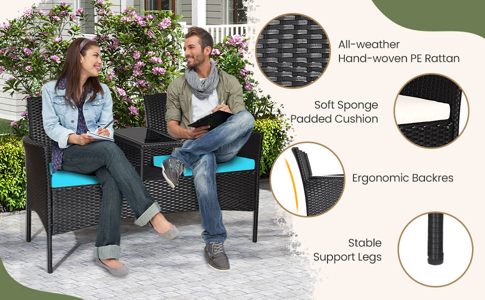Honhorrs Wicker Patio Conversation Furniture with Curved Backs, Zippered Cushions and Glass Table detail