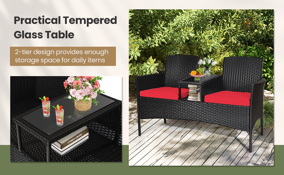 Honhorrs Wicker Patio Conversation Furniture with Curved Backs, Zippered Cushions and Glass Table detail