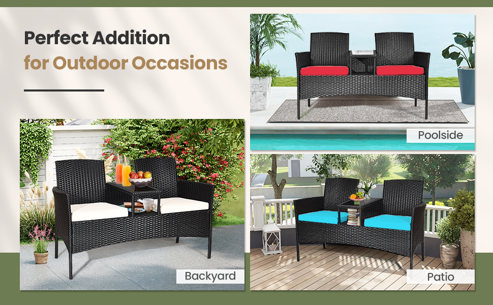 Honhorrs Wicker Patio Conversation Furniture with Curved Backs, Zippered Cushions and Glass Table detail