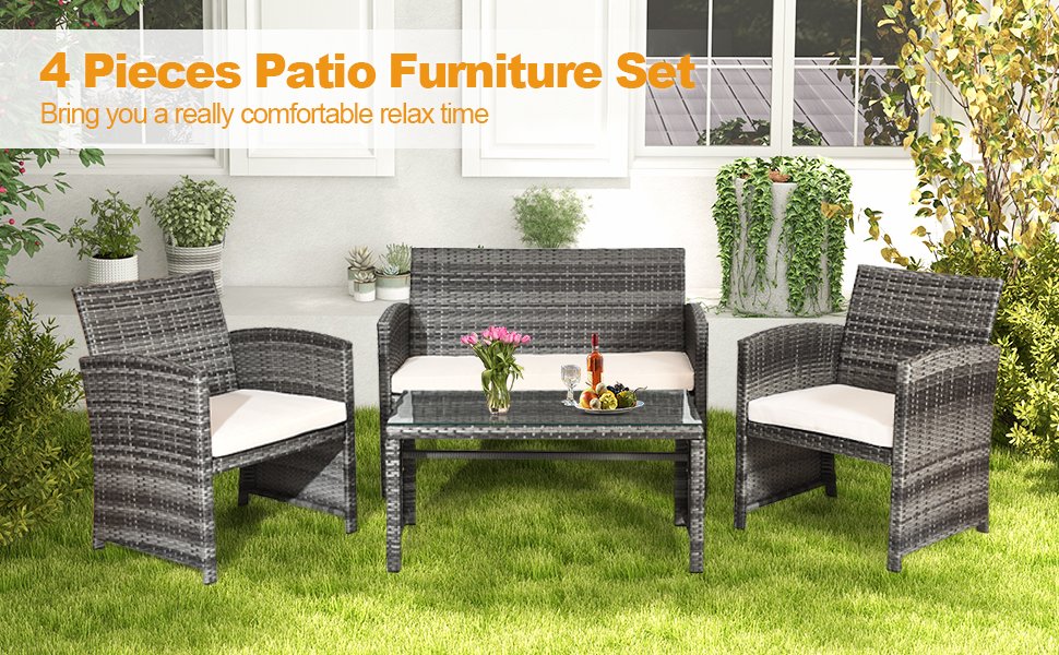 Honhorrs Four-Piece Wicker Patio Set, Loveseat and Armchairs with a Tempered Glass Coffee Table detail
