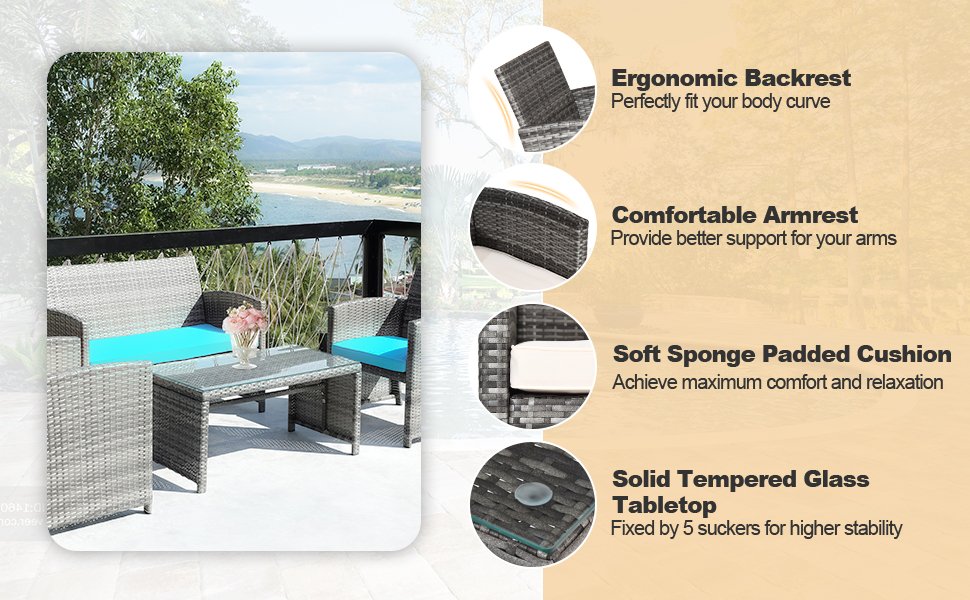 Honhorrs Four-Piece Wicker Patio Set, Loveseat and Armchairs with a Tempered Glass Coffee Table detail