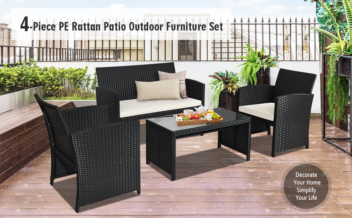 Honhorrs Four-Piece PE Wicker Patio Seating, Zippered Cushions with Steel Frames and Glass Table detail