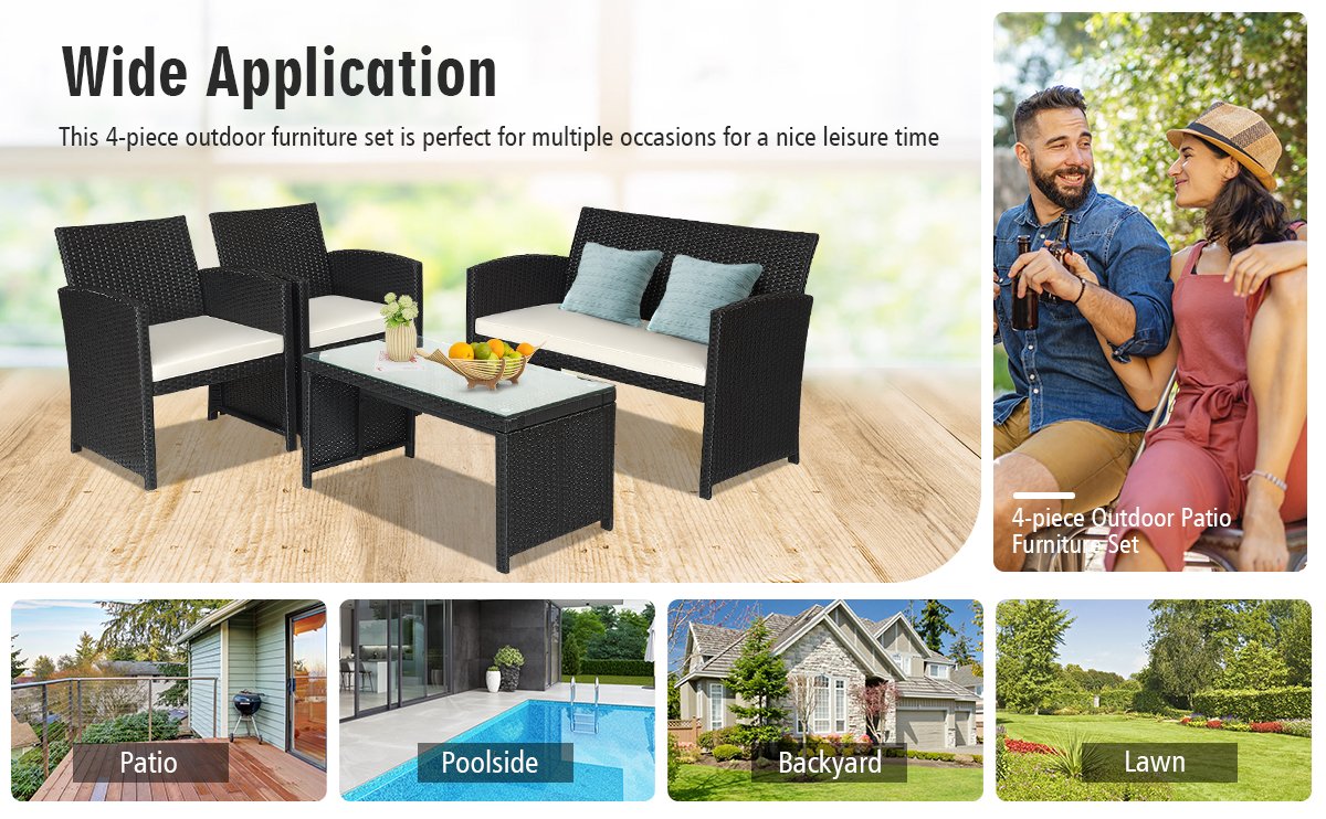Honhorrs Four-Piece PE Wicker Patio Seating, Zippered Cushions with Steel Frames and Glass Table detail