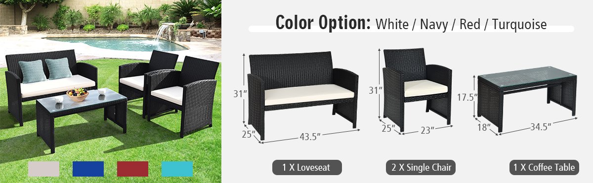 Honhorrs Four-Piece PE Wicker Patio Seating, Zippered Cushions with Steel Frames and Glass Table detail
