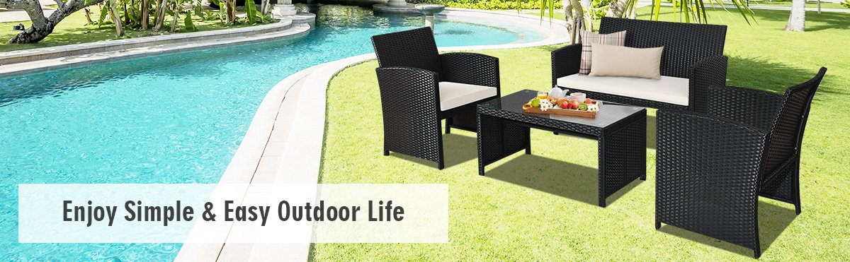 Honhorrs Four-Piece PE Wicker Patio Seating, Zippered Cushions with Steel Frames and Glass Table detail