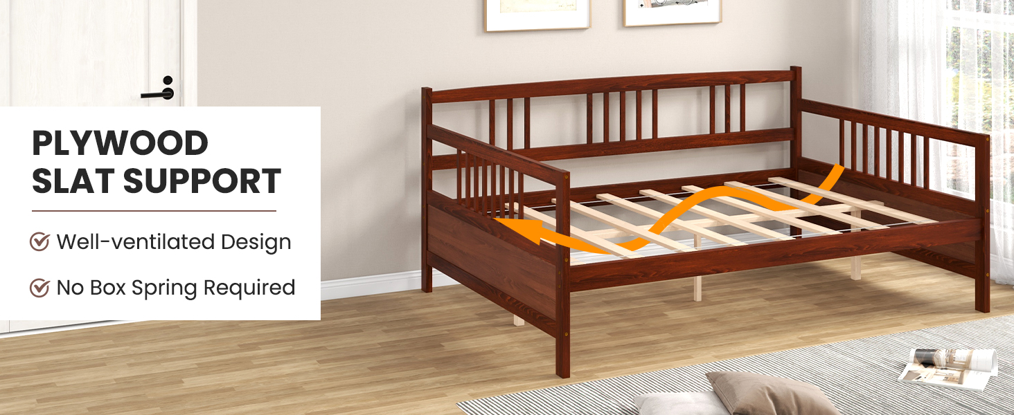 Twin Pine Wood Daybed by Honhorrs — Three Side Rails, Slatted Mattress Support and Under-Bed Space detail