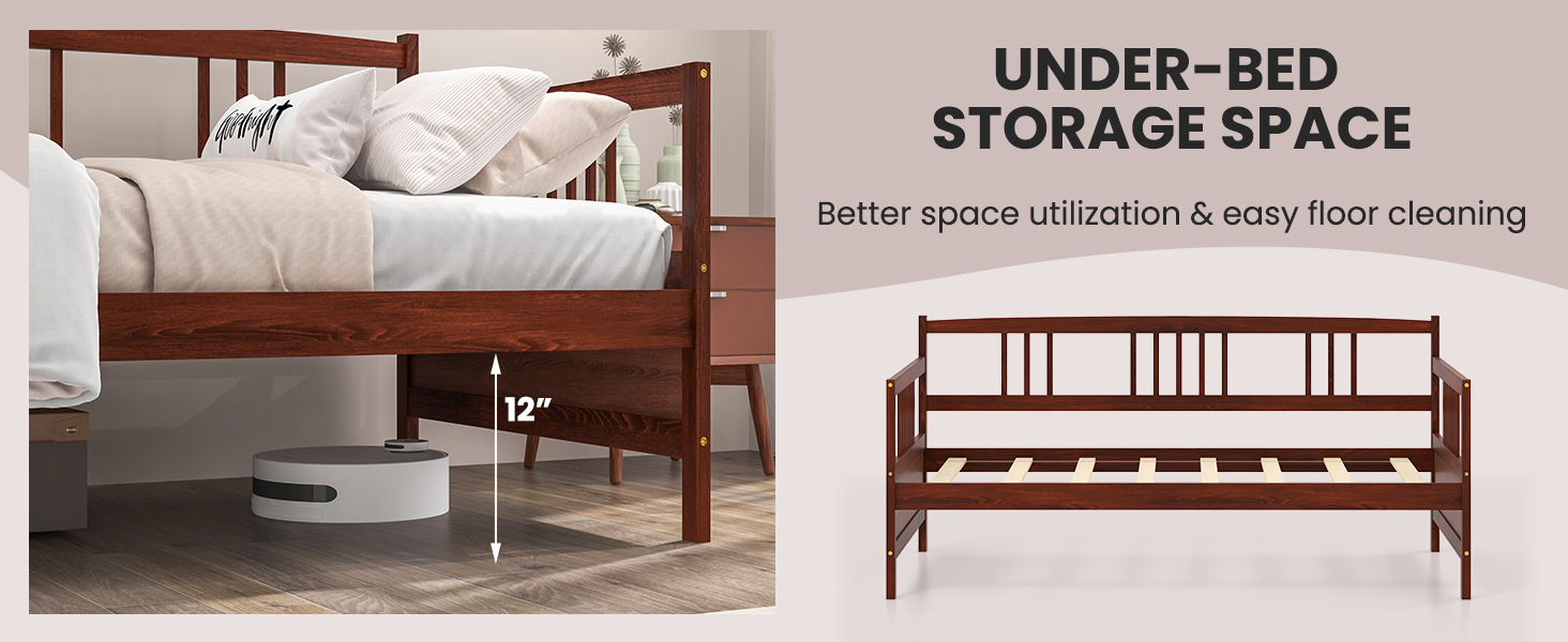 Twin Pine Wood Daybed by Honhorrs — Three Side Rails, Slatted Mattress Support and Under-Bed Space detail