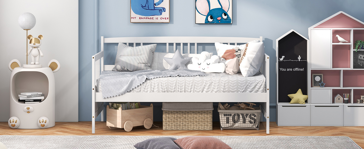 Twin Pine Wood Daybed by Honhorrs — Three Side Rails, Slatted Mattress Support and Under-Bed Space detail
