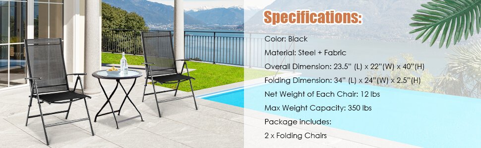 Honhorrs Two Folding Patio Recliners, Adjustable Fabric Backrests with Powder-Coated Steel Frames detail