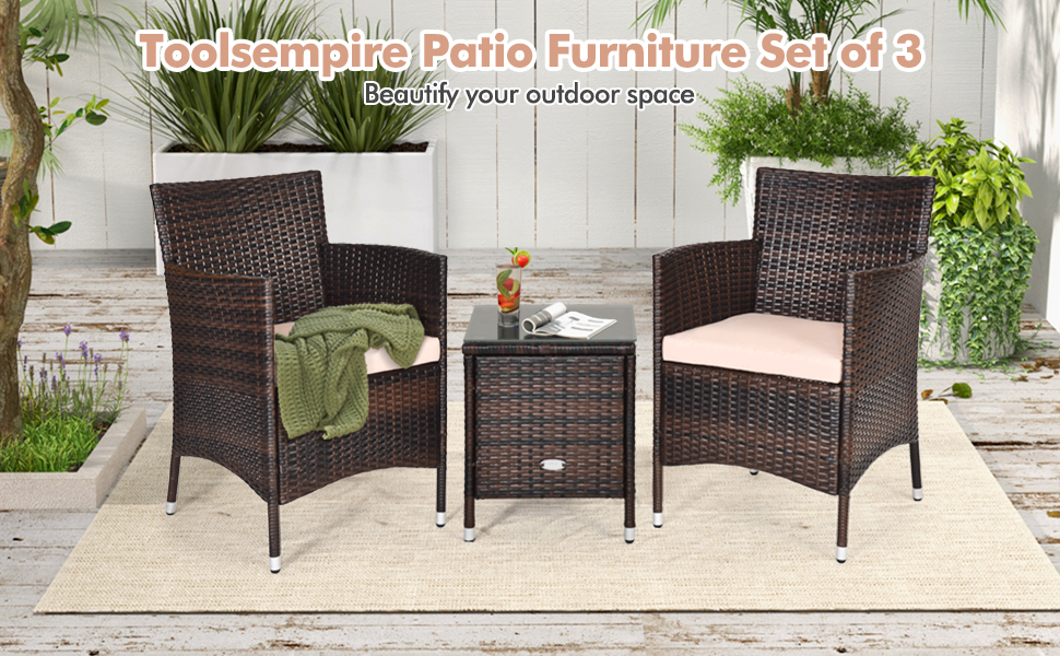 Honhorrs Wicker Patio Seating for Two, Cushioned Armchairs and Glass-Top Table in a Three-Piece Set detail