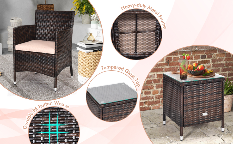 Honhorrs Wicker Patio Seating for Two, Cushioned Armchairs and Glass-Top Table in a Three-Piece Set detail