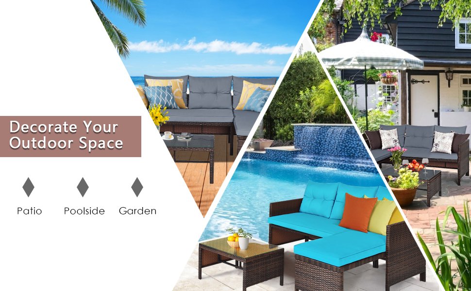 Honhorrs Three-Piece L-Shaped Patio Sofa Set, Wicker Seating with Cushions and a Glass Coffee Table detail