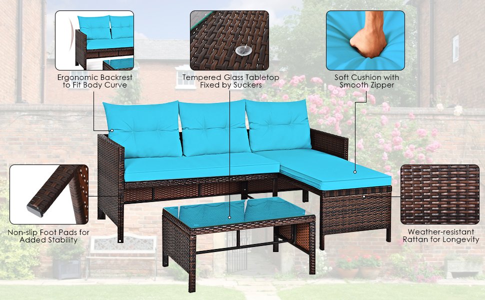 Honhorrs Three-Piece L-Shaped Patio Sofa Set, Wicker Seating with Cushions and a Glass Coffee Table detail