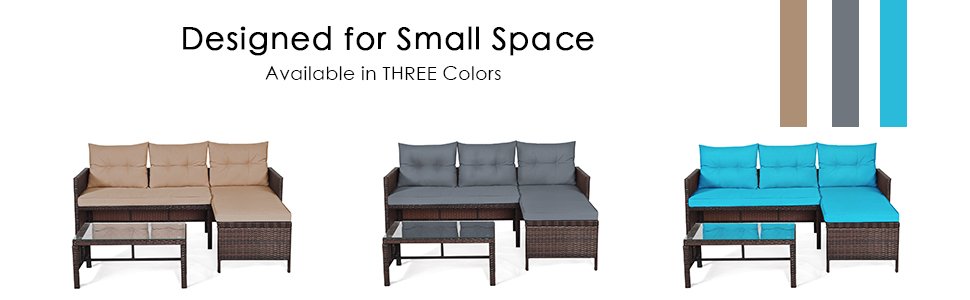 Honhorrs Three-Piece L-Shaped Patio Sofa Set, Wicker Seating with Cushions and a Glass Coffee Table detail