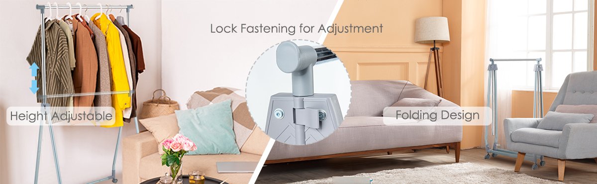 Adjustable Folding Clothes Rack by Honhorrs, Metal Hanging Rod, Triangular Base and Lockable Casters detail