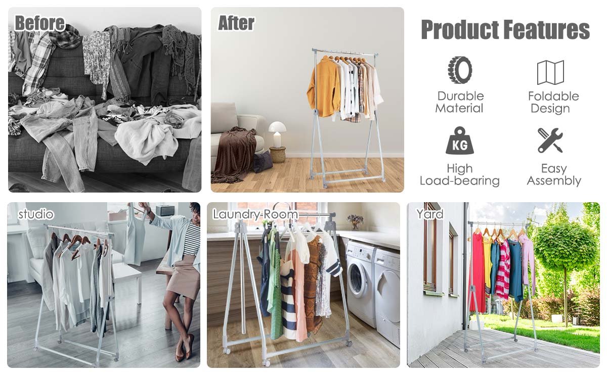 Adjustable Folding Clothes Rack by Honhorrs, Metal Hanging Rod, Triangular Base and Lockable Casters detail