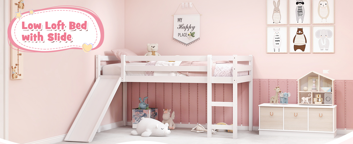 Honhorrs Low Twin Loft Bed Frame with Slide, Ladder, Guardrails and Open Space Beneath the Bed detail