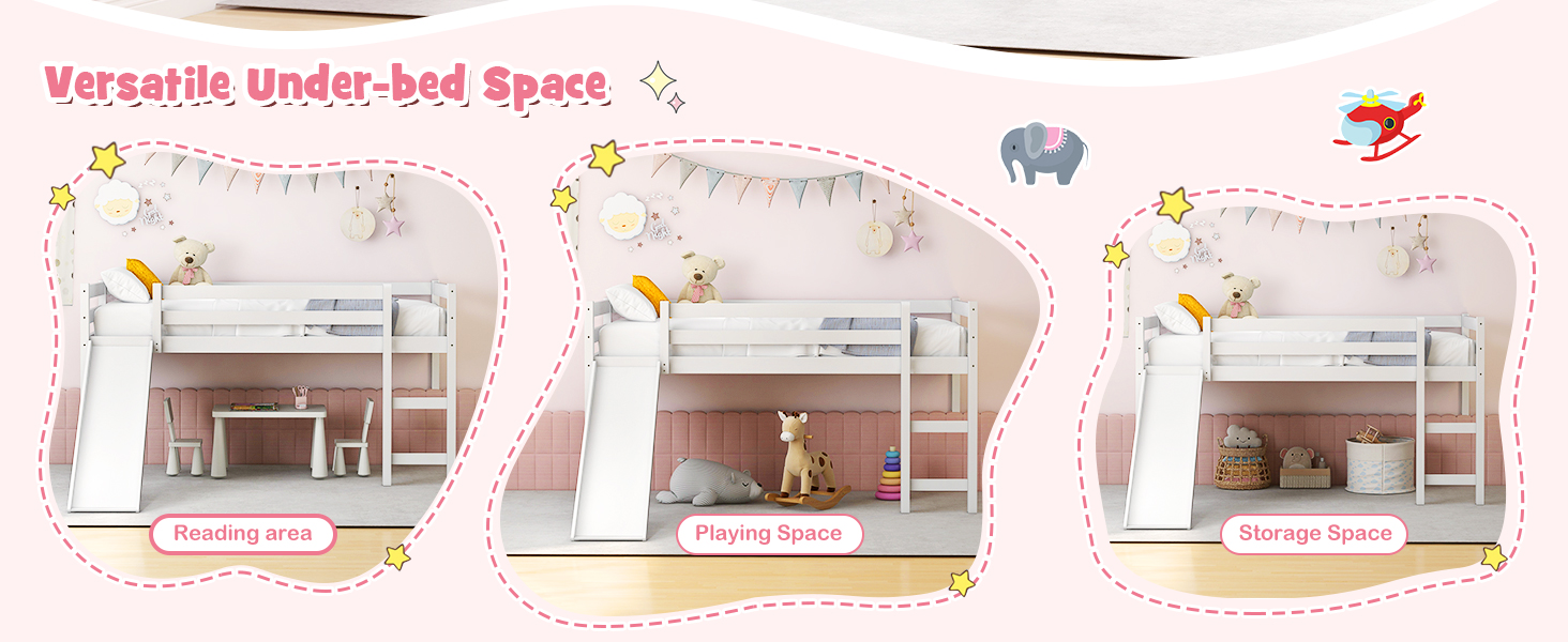 Honhorrs Low Twin Loft Bed Frame with Slide, Ladder, Guardrails and Open Space Beneath the Bed detail