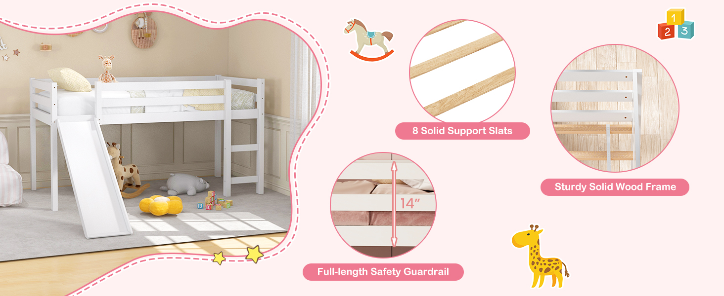 Honhorrs Low Twin Loft Bed Frame with Slide, Ladder, Guardrails and Open Space Beneath the Bed detail