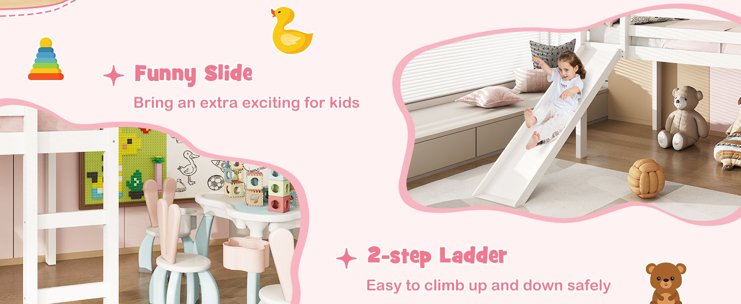 Honhorrs Low Twin Loft Bed Frame with Slide, Ladder, Guardrails and Open Space Beneath the Bed detail