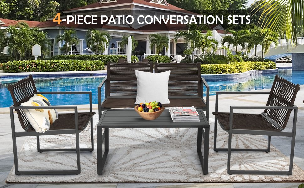 Honhorrs Four-Piece Patio Conversation Set, Steel-Framed Polyester Seating with Defined Armrests detail