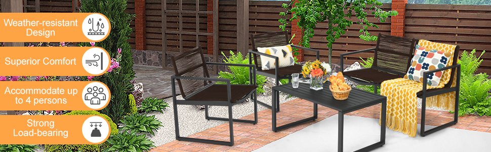 Honhorrs Four-Piece Patio Conversation Set, Steel-Framed Polyester Seating with Defined Armrests detail