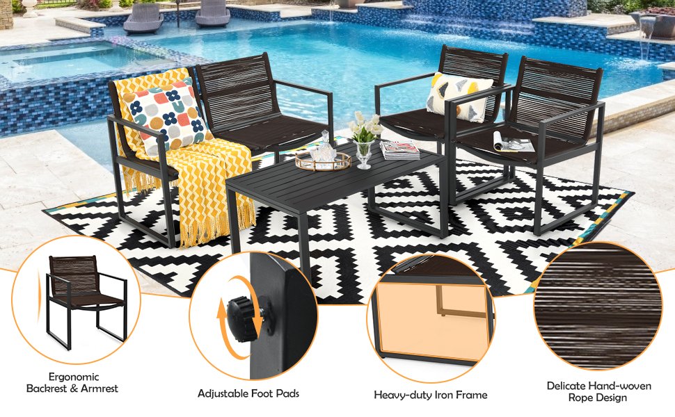 Honhorrs Four-Piece Patio Conversation Set, Steel-Framed Polyester Seating with Defined Armrests detail
