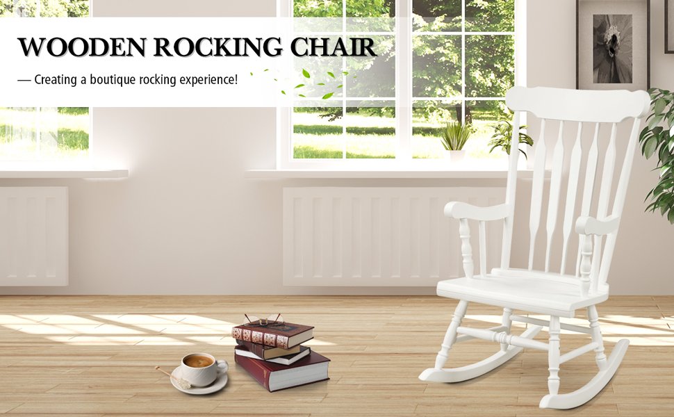 Honhorrs Rubberwood Rocking Chair, High Slatted Back with Curved Armrests and Contoured Garden Seat detail