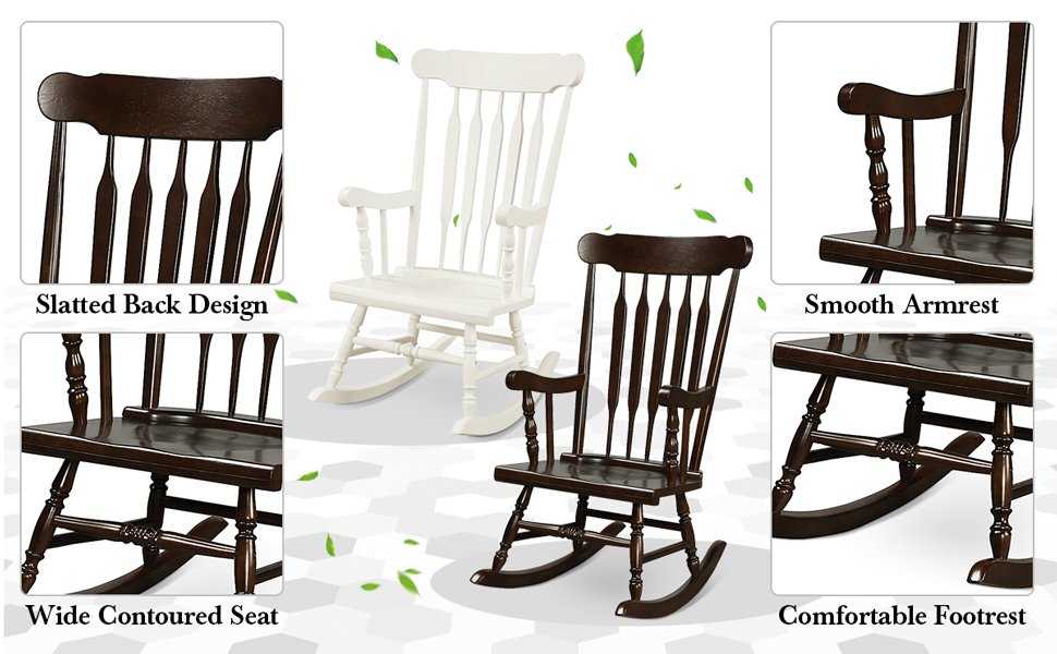 Honhorrs Rubberwood Rocking Chair, High Slatted Back with Curved Armrests and Contoured Garden Seat detail