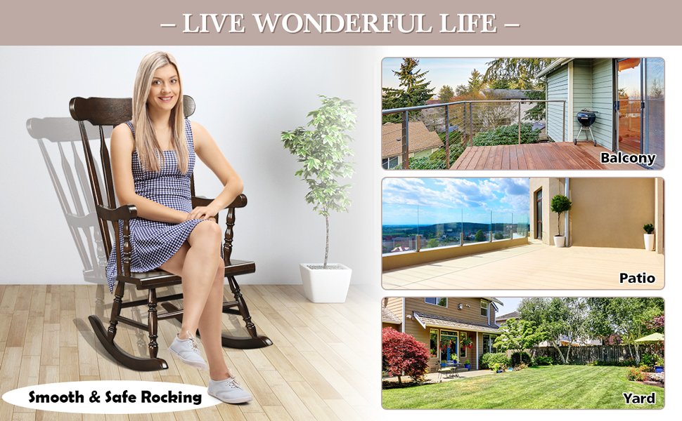 Honhorrs Rubberwood Rocking Chair, High Slatted Back with Curved Armrests and Contoured Garden Seat detail