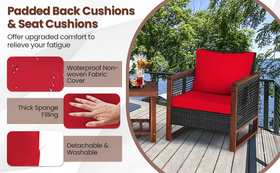 Honhorrs Three-Piece Acacia Wood Patio Set with Rattan Seating, Removable Cushions and Shelf Table detail