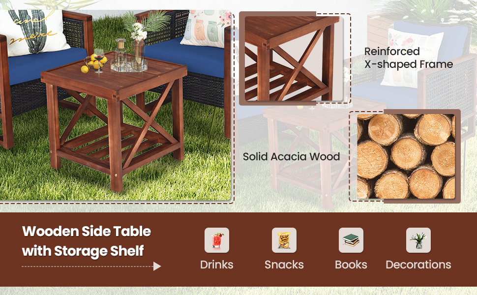 Honhorrs Three-Piece Acacia Wood Patio Set with Rattan Seating, Removable Cushions and Shelf Table detail