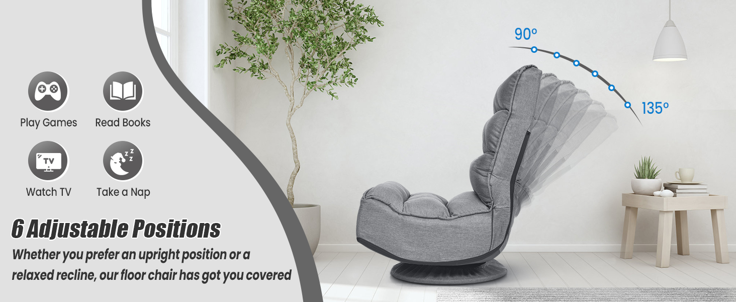 Five-Position Floor Gaming Chair by Honhorrs, Folding Backrest, 360-Degree Swivel and Covered Base detail