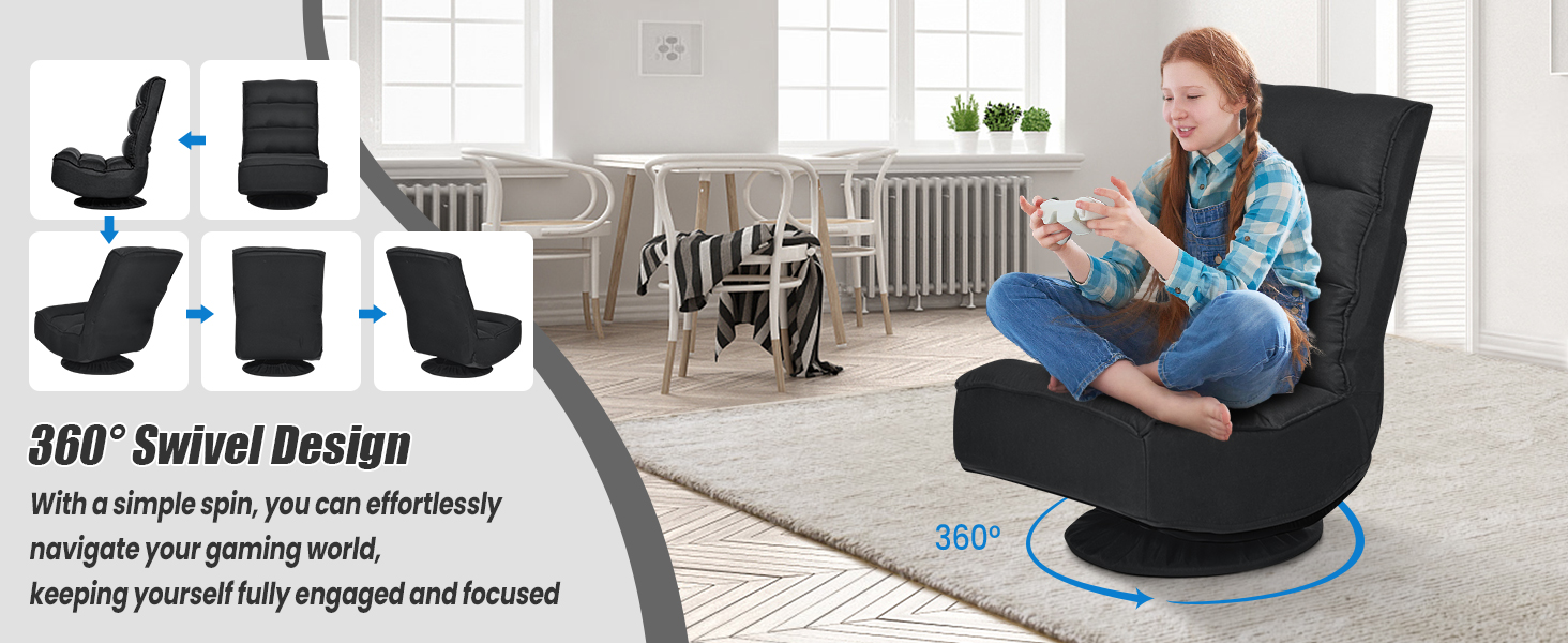 Five-Position Floor Gaming Chair by Honhorrs, Folding Backrest, 360-Degree Swivel and Covered Base detail