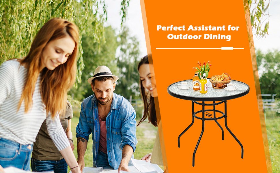 Honhorrs 32-Inch Round Patio Table, Tempered-Glass Top and Central Umbrella Opening on Steel Frame detail