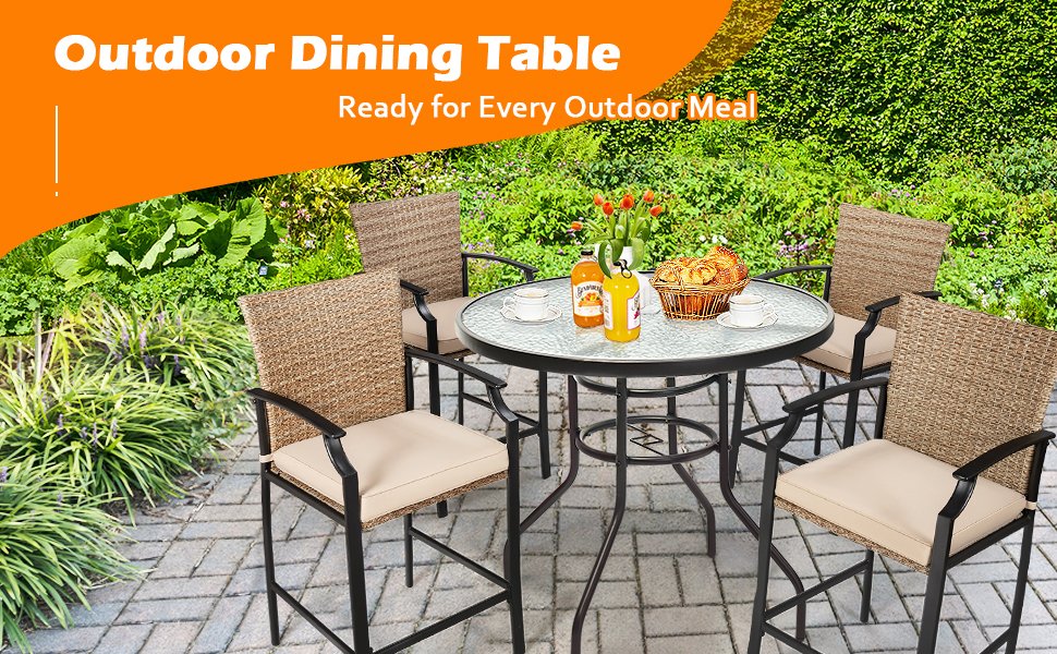 Honhorrs 32-Inch Round Patio Table, Tempered-Glass Top and Central Umbrella Opening on Steel Frame detail