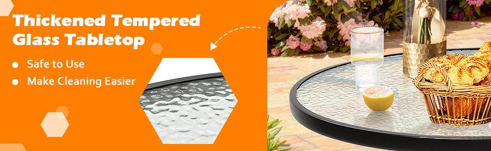 Honhorrs 32-Inch Round Patio Table, Tempered-Glass Top and Central Umbrella Opening on Steel Frame detail