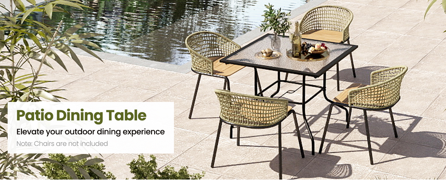 Honhorrs 32-Inch Square Patio Table, Tempered Glass Surface and Steel Frame with Umbrella Supports detail