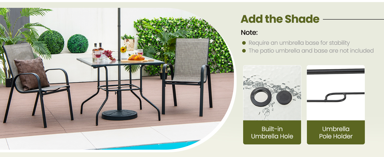 Honhorrs 32-Inch Square Patio Table, Tempered Glass Surface and Steel Frame with Umbrella Supports detail