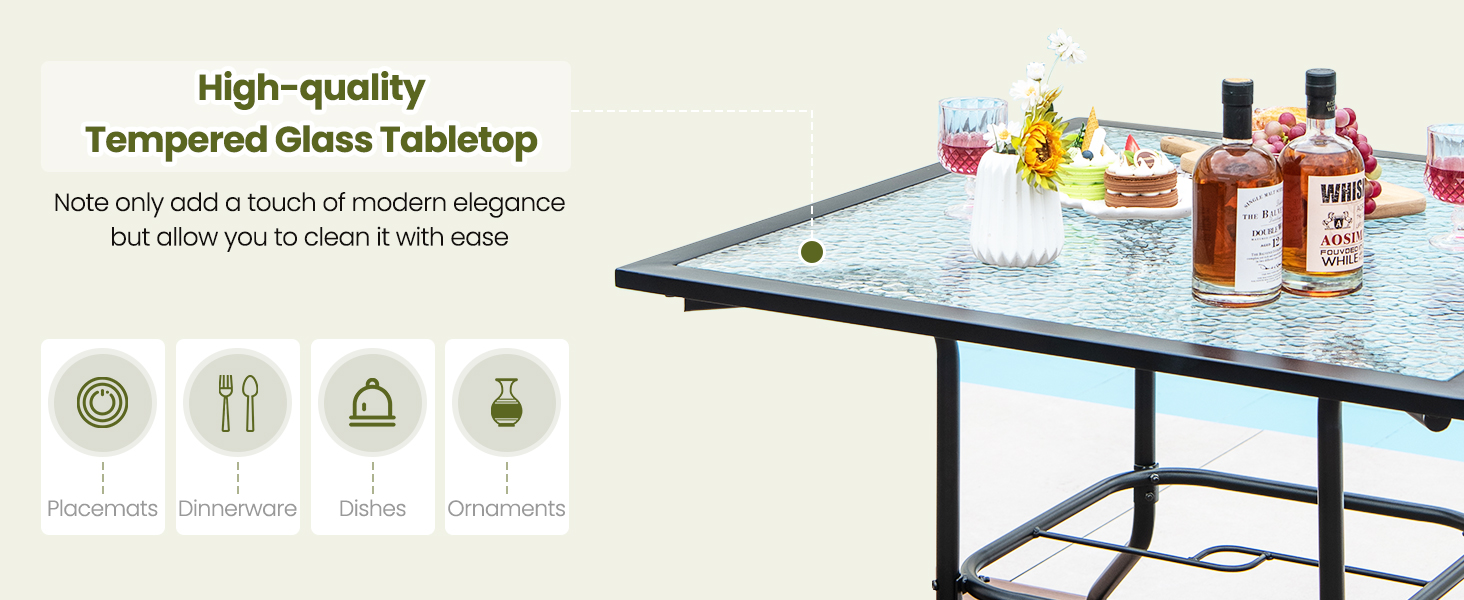 Honhorrs 32-Inch Square Patio Table, Tempered Glass Surface and Steel Frame with Umbrella Supports detail