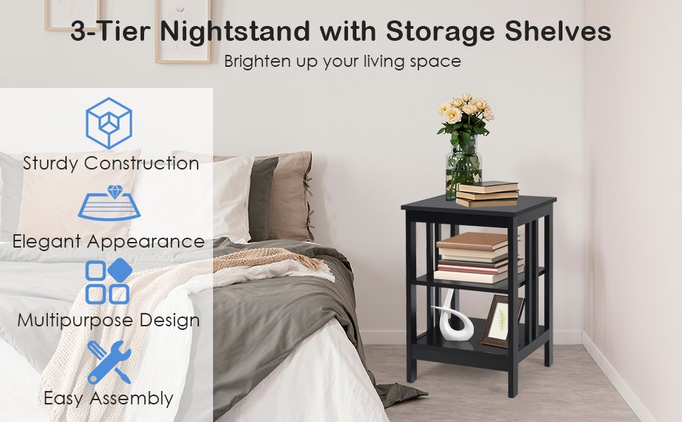Honhorrs 3-Tier MDF Sofa Side Table with Open Storage Shelves, Rounded Corners and Floor Pads detail