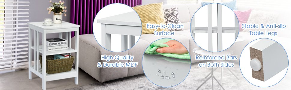 Honhorrs 3-Tier MDF Sofa Side Table with Open Storage Shelves, Rounded Corners and Floor Pads detail