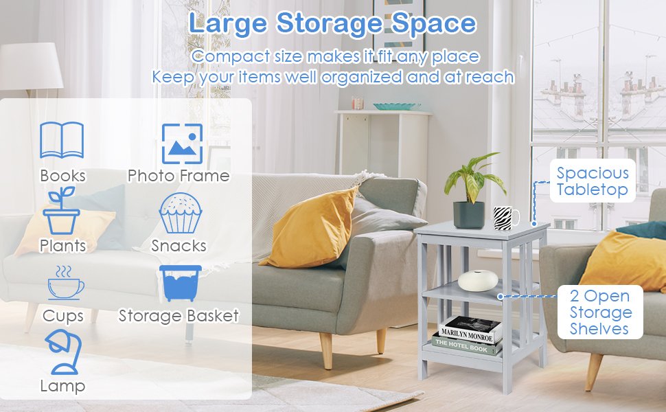 Honhorrs 3-Tier MDF Sofa Side Table with Open Storage Shelves, Rounded Corners and Floor Pads detail